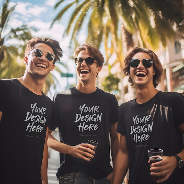 Outdoor Black T-Shirt Mockup Featuring Guys in Matching Shirts – Free Download