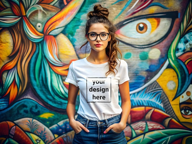 Woman in White Mockup T-Shirt and Glasses – Free Download