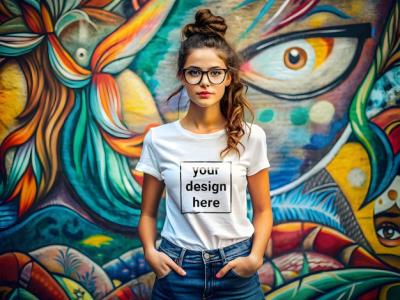 Woman in White Mockup T-Shirt and Glasses – Free Download