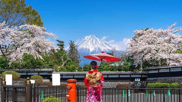 Asian Woman in Traditional Japanese Kimono at Fuji Mountain with Cherry Blossom in Spring – Free Download