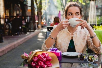 Young Stylish Woman Sitting in Cafe with Cappuccino – Free Stock Photo Download