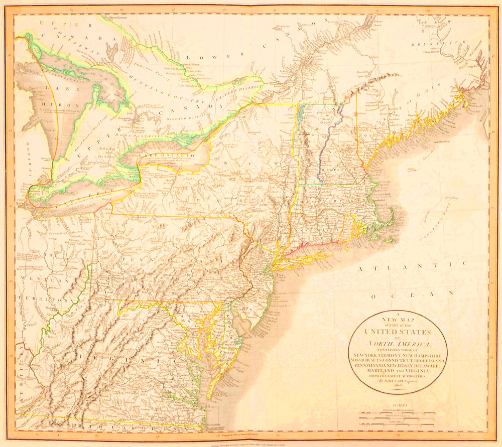 1808 Map of the North Eastern Seaboard of the United States at Whytes 