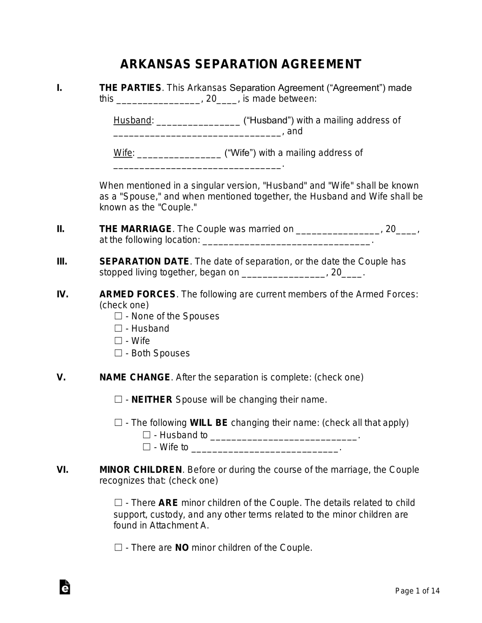 Free Arkansas Separation Agreement Template PDF Word eForms