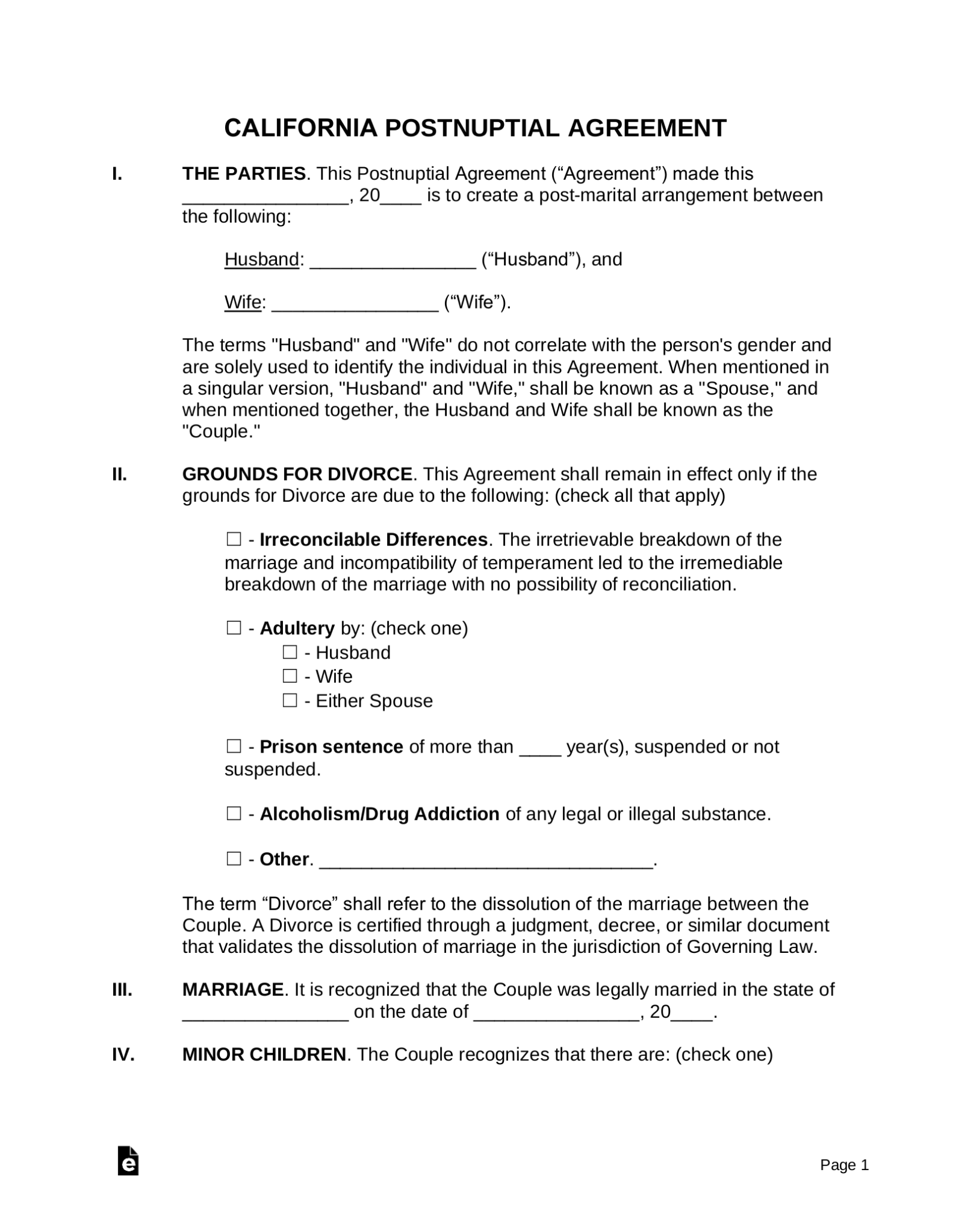 California Separation Agreement Template eForms