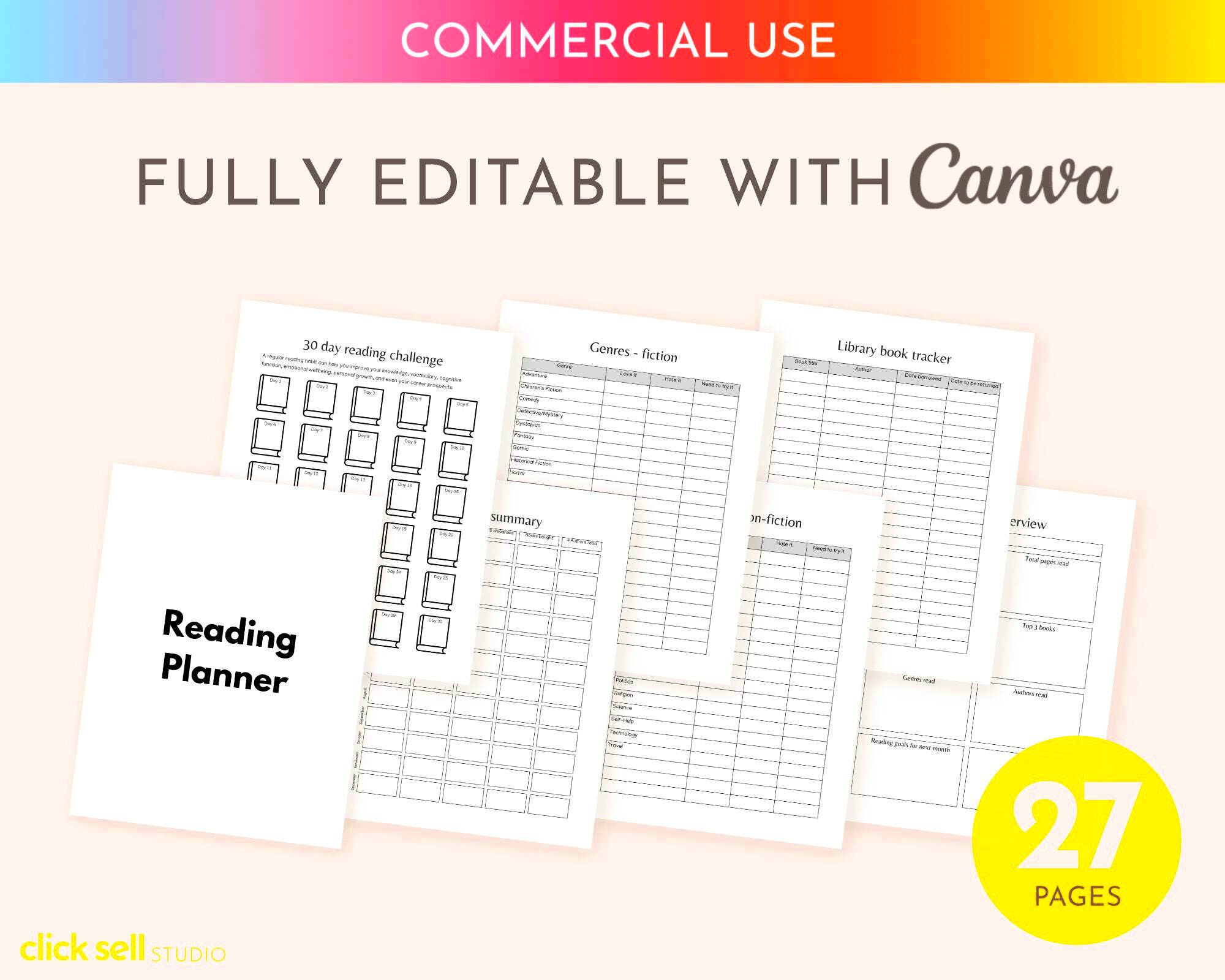 Reading Planner Editable Canva Template Commercial Use Etsy