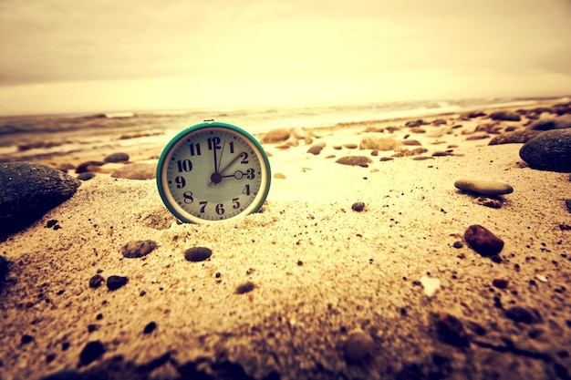 Time and Business Concept with Clock on the Beach – Free Download