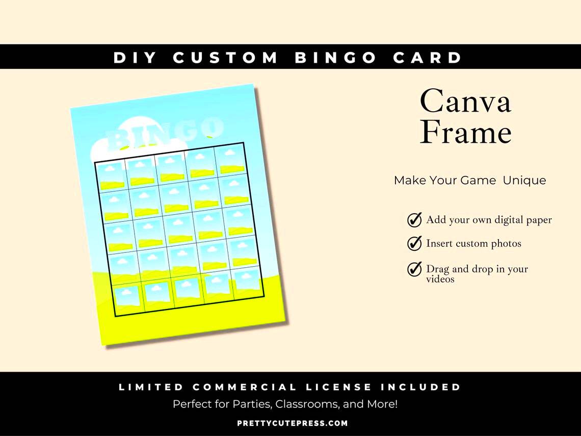Bingo Card Template DIY Custom Bingo Canva Frame Printable Game Board 