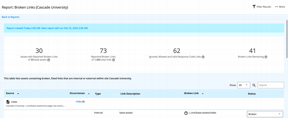 Broken Link Report Cascade CMS Knowledge Base