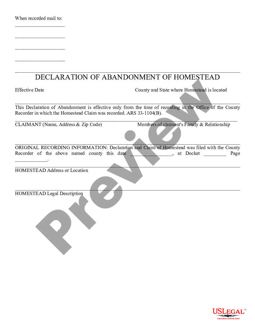 Arizona Declaration of Abandonment of Homestead Arizona Abandonment 