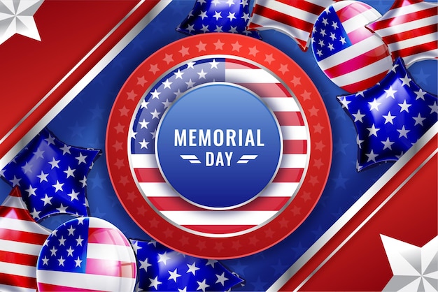 Realistic Gradient Memorial Day USA Background Featuring Balloons and Stars – Free Download