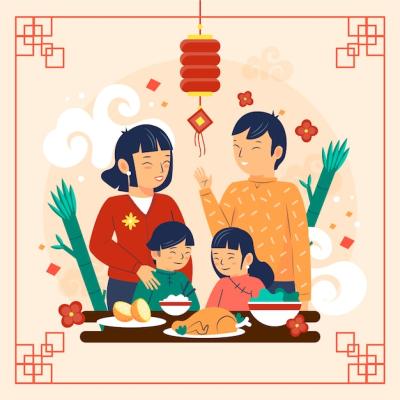 Flat Chinese New Year Reunion Dinner Illustration – Free to Download