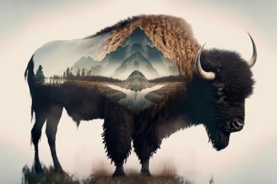 Male Bison Grazing on Grassland with Double Exposure Natural Background – Free Stock Photo Download