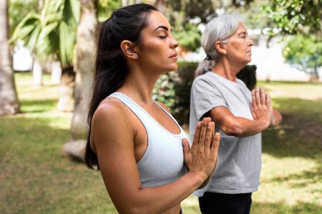 Friends Practicing Yoga Together in the Park – Free to Download