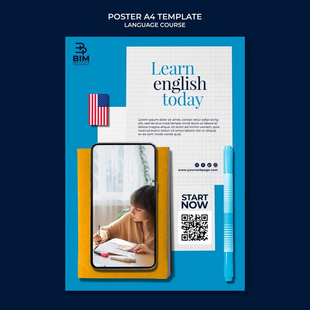 Language Courses Vertical Poster Template Featuring School Supplies – Free Download