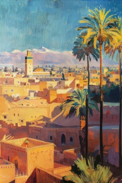 A Painting of a City Surrounded by Palm Trees and Mountains – Free to Download