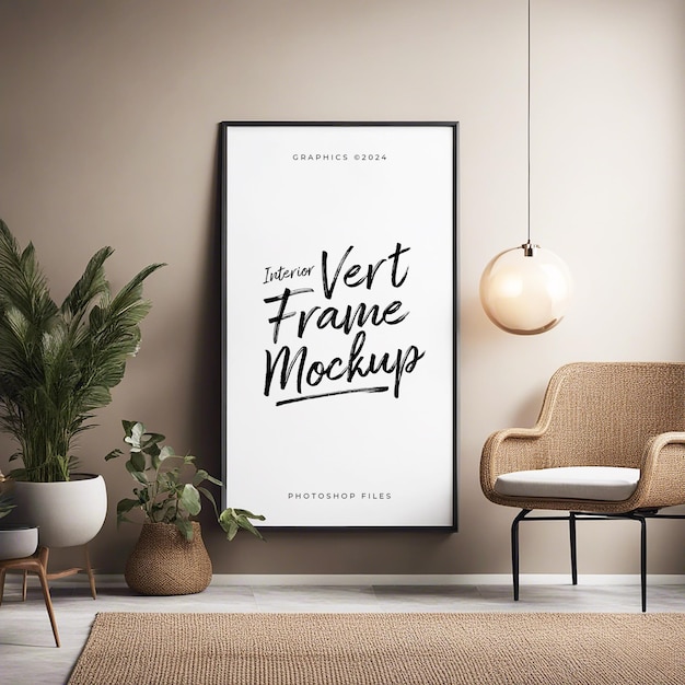 Portrait Frame Poster Mockup on Wall with Chair and Plant – Free Download