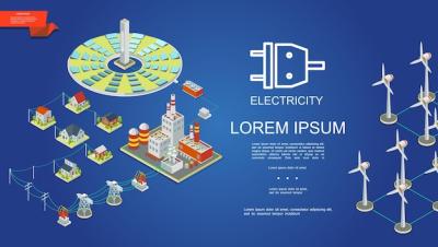 Isometric Electricity Production Concept Featuring Solar Panels, Windmills, and Transmission Towers – Free Stock Photo Download