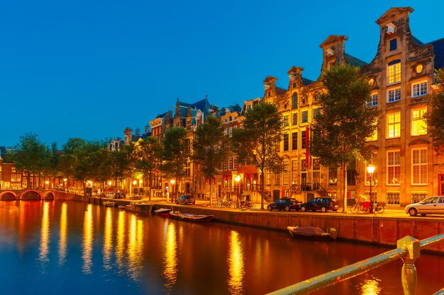 Amsterdam’s Night City Skyline: Canals, Bridges, Boats, and Bicycles – Free Stock Photo Download