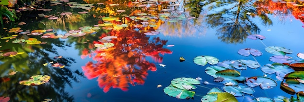 Stunning Autumn Reflections on a Pond with Lily Pads – Free Download