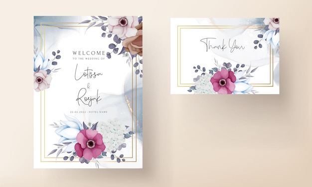 Beautiful Boho Wedding Invitation Card Design with Flowers and Leaves – Free to Download