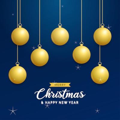 Christmas Blue Background with Shining Golden Balls – Merry Christmas Greeting Card | Free Download