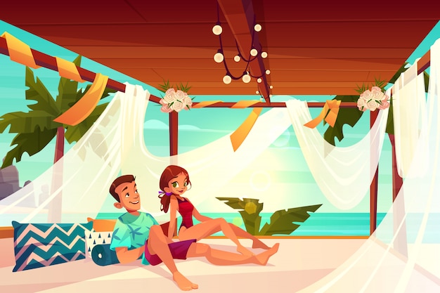 Luxury Hotel Honeymoon in Tropical Resort Cartoon Vector – Free Download