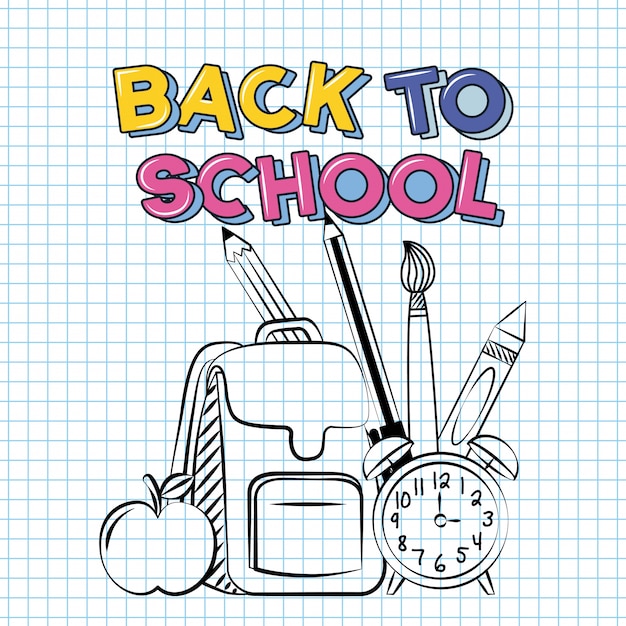 Back to School Illustration Featuring Supplies: Bag, Clock, Apple, and Pencil – Free Download