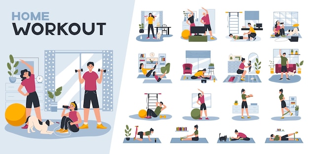 Home Workout Vector Illustrations: Isolated Compositions of Gym Interiors and People – Free to Download