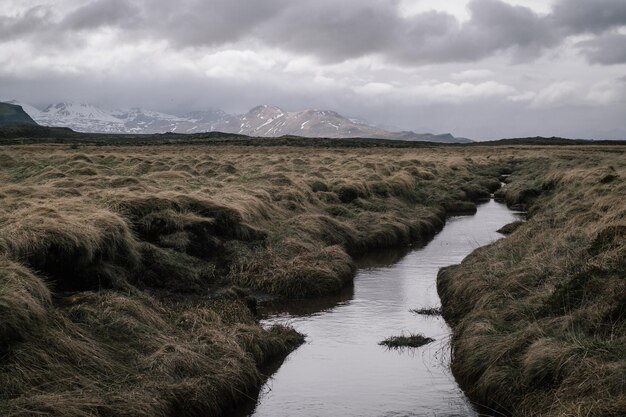 High Angle View of a Scenic Stream in a Cloudy Landscape – Free to Download