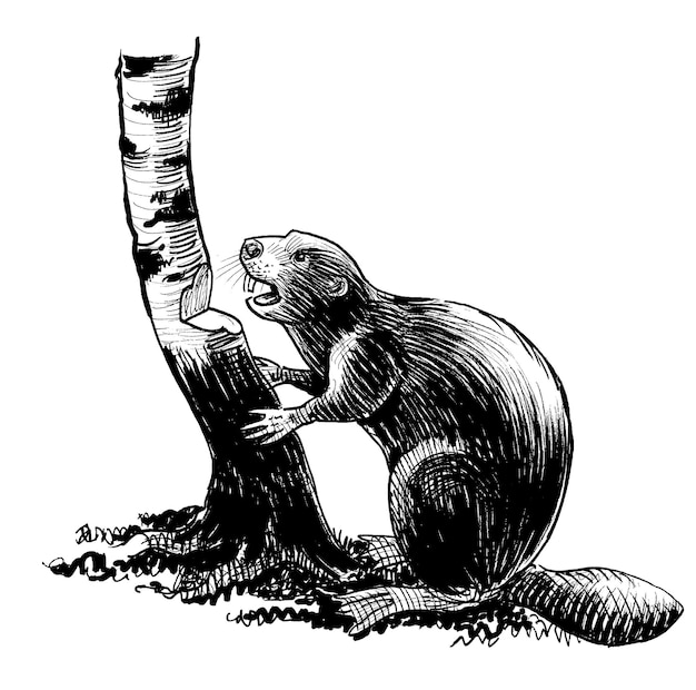 Beaver and Birch Tree – Ink Black and White Drawing – Free Download