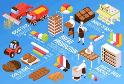 Bread Production Flowchart Featuring Isometric Wheat Field Symbols – Free to Download