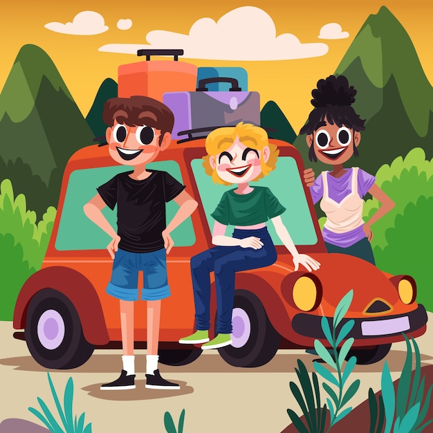 Hand Drawn Friends Travel Illustration – Free to Download