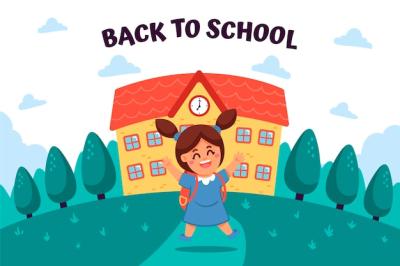 Flat Back to School Background Featuring Students and School – Free Download