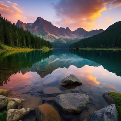 A Mountain Lake Surrounded by Colorful Skies and Clouds – Free Stock Photo for Download