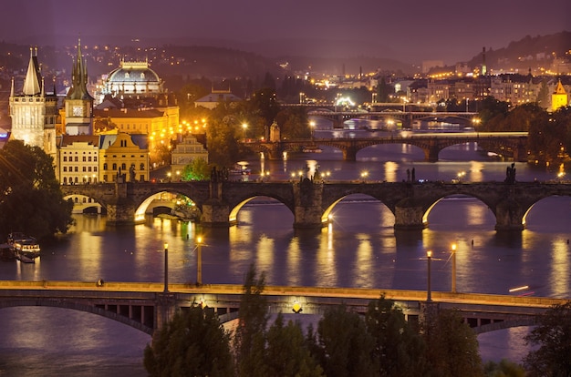 Night View of Famous Prague City: Reflections in the Vltava River and Historical Bridges – Free Stock Photo, Download Free