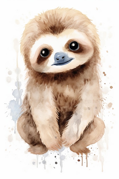 Cute Watercolor Illustration of a Baby Sloth on White Background – Free Download