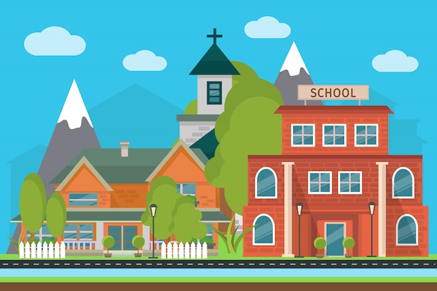 Flat City Illustration Featuring Schools and City Buildings on Mountains – Free to Download