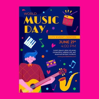 Flat World Music Day Vertical Poster Template – Free Download