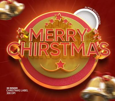 Merry Christmas and Happy New Year Banner – 3D Render Label Template for Free Download