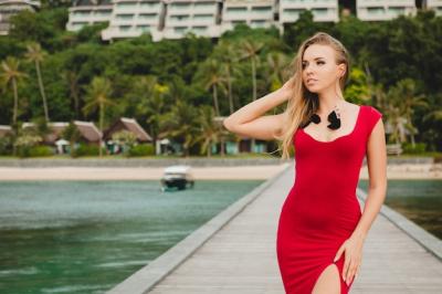 Young Attractive Woman in Red Dress on Luxurious Beach Pier – Free Stock Photo, Download Free