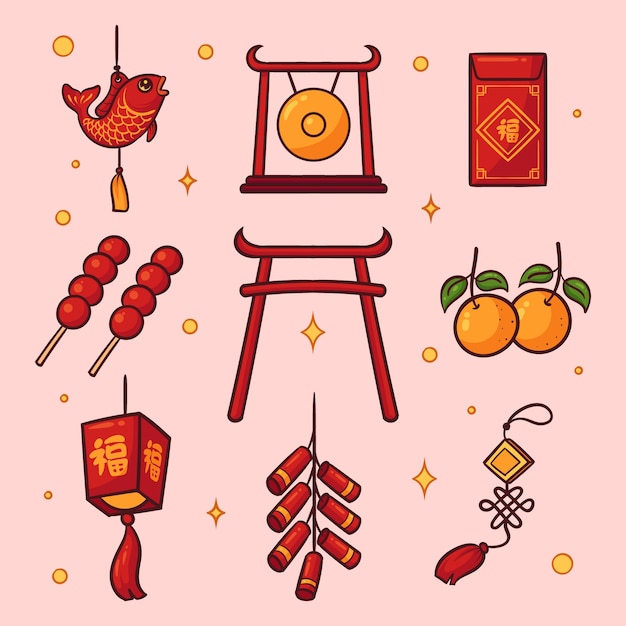 Hand Drawn Design Elements for Chinese New Year Festival – Free Download