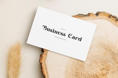 White Business Card Mockup on Wood Cut Surface Background – Free Download