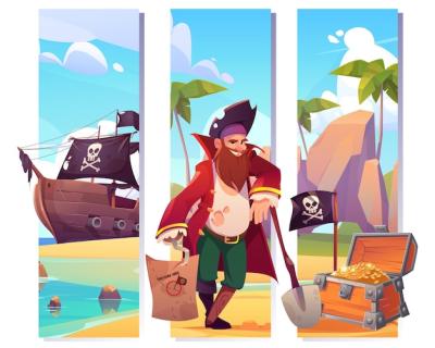 Vector Vertical Banners Featuring Pirates, Treasure Chests, and Skull Flag on a Beach – Free Download