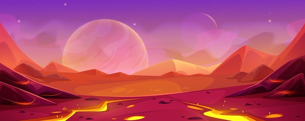 Cartoon Vector Alien Planet Landscape with Red Ground – Fantasy Outer Space Scenery | Free Download