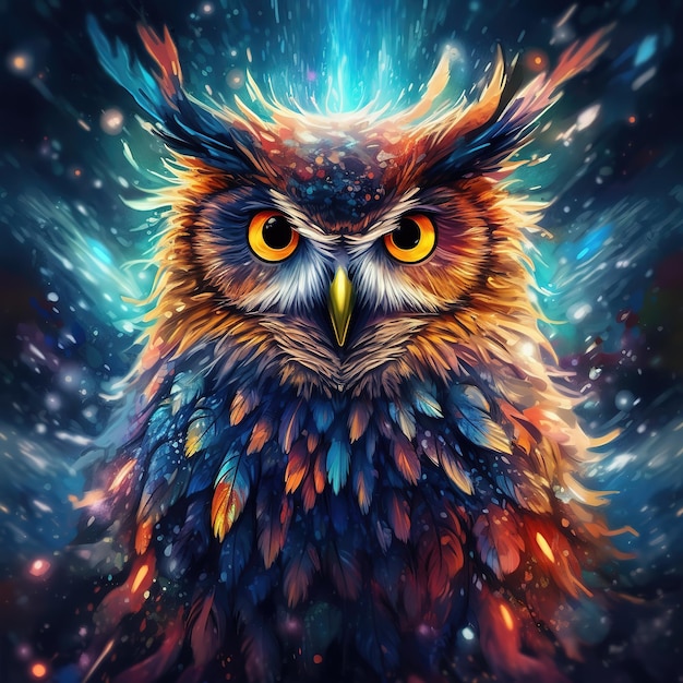 A Colorful Owl Painting with Yellow Eyes and Blue-Orange Feathers – Free Stock Photo, Download for Free