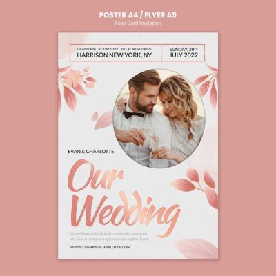 Rose Gold Wedding Invitation Vertical Poster Template with Leaves – Download Free Stock Photo