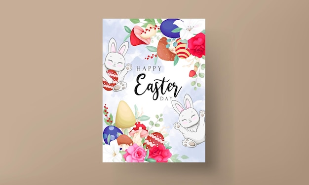 Beautiful Easter Card Featuring Cute Bunny, Mushroom, and Lovely Flowers – Free Download