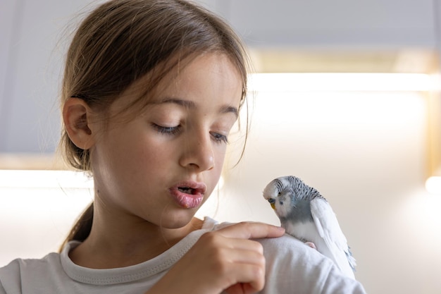 A Beautiful Little Girl Playing with a White and Blue Budgie – Free Stock Photo for Download