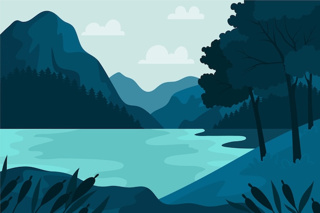 Hand Drawn Flat Design Lake Scenery – Free Download