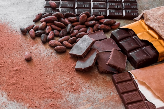 Chocolate Pieces, Cocoa Beans, and Powder on Table – Free Stock Photo for Download